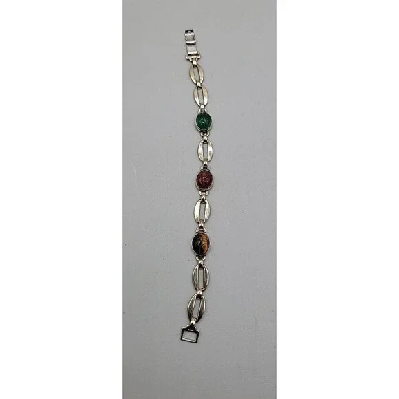 14k W. E. Richards Co. Symmetalic Sterling & Scarab Bracelet 6" Gemstones 1940s - Picture 9 of 15